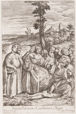 Titian etching from 1682 St Anthony heaing foot of Wrathful Son